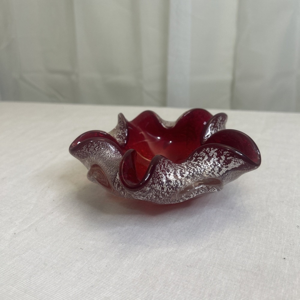 Murano Style Ruby Red Bullicante Art Glass Bowl Ashtray Mid-Century